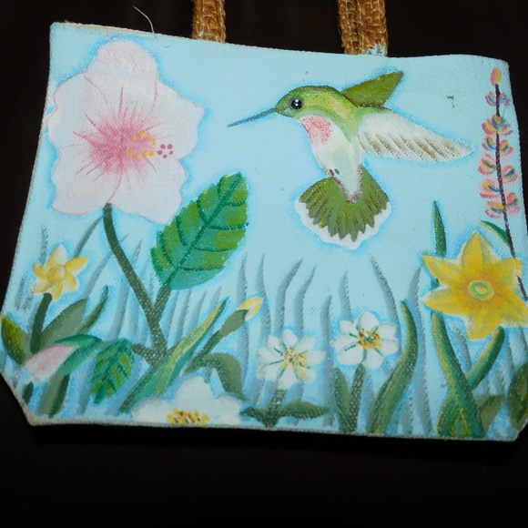 Hand Painted Small Tote Bag Hummingbird Floral Flowers 6 ¾" X 5 ½" - Picture 7 of 10